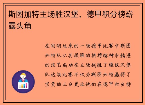 斯图加特主场胜汉堡，德甲积分榜崭露头角